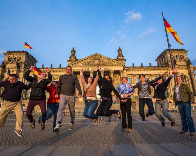 IES Abroad staff jumping in Berlin