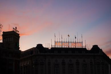 The sign for the Palace Hotel in Madrid, Spain at sunset