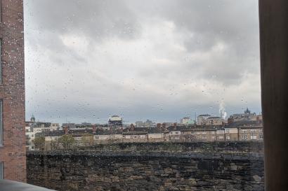 Dublin skyline through rainy window