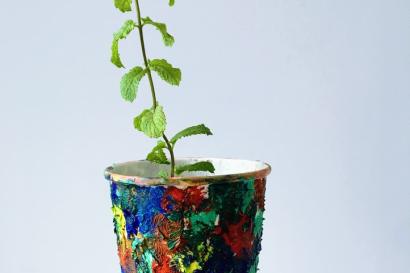 mint plant, painted pot