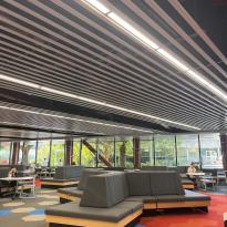 This photo shows the inside of University of Auckland's science building, featuring a large couch, tables, and a multi-colored hexagonal patterned carpet.