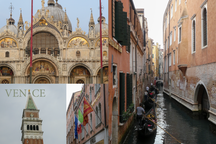 Collage of Venice landmarks such as the canals, and St. Mark's square