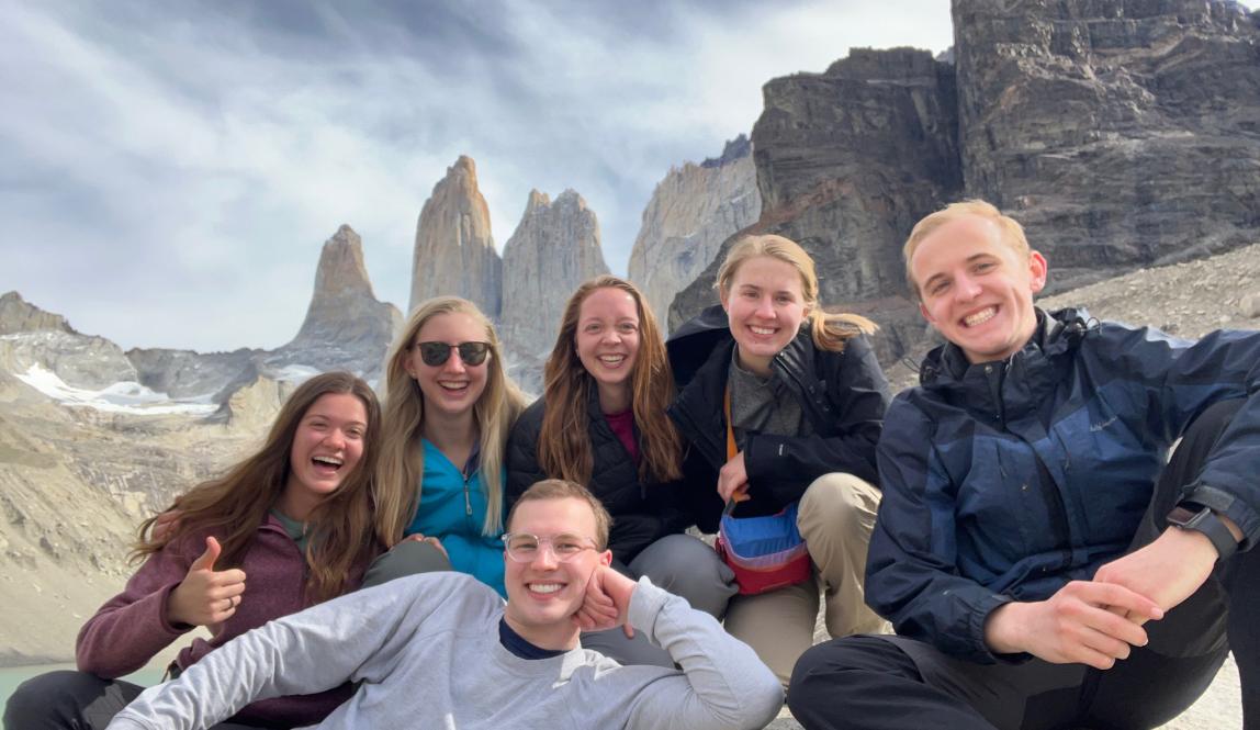 six students posing for a photo at Torres del Paine