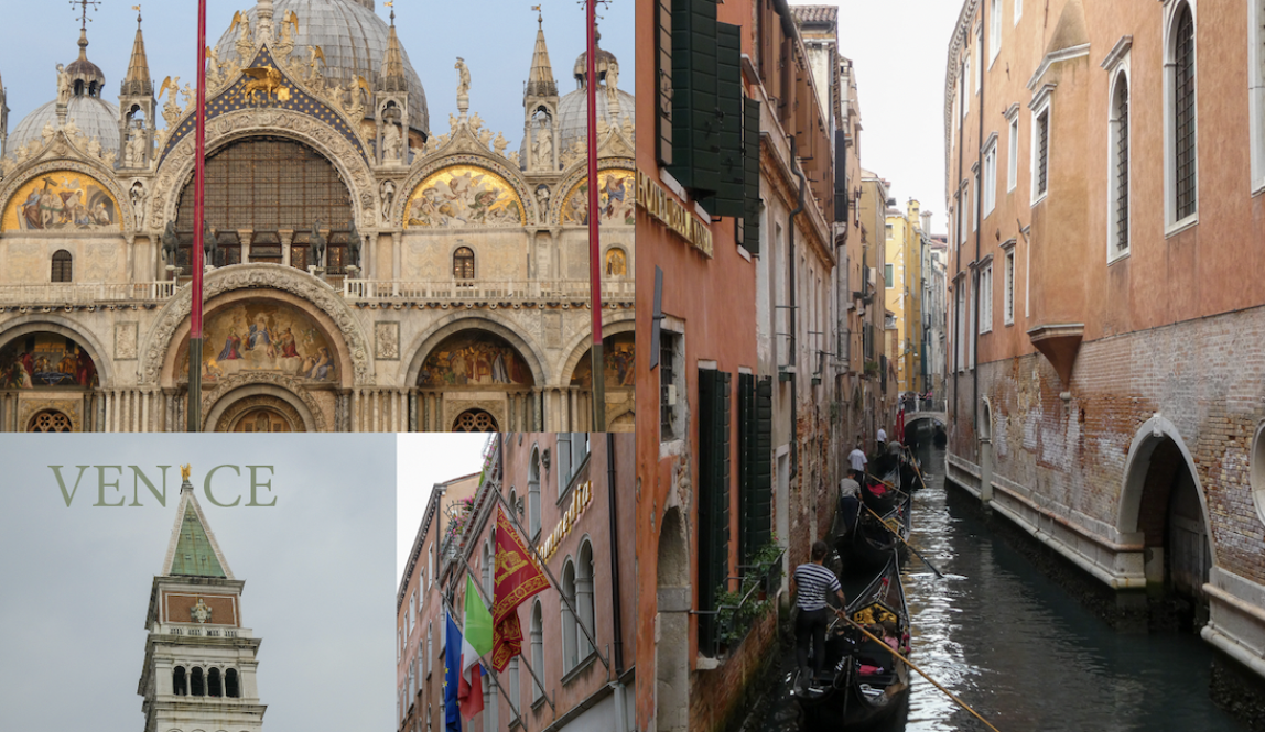 Collage of Venice landmarks such as the canals, and St. Mark's square