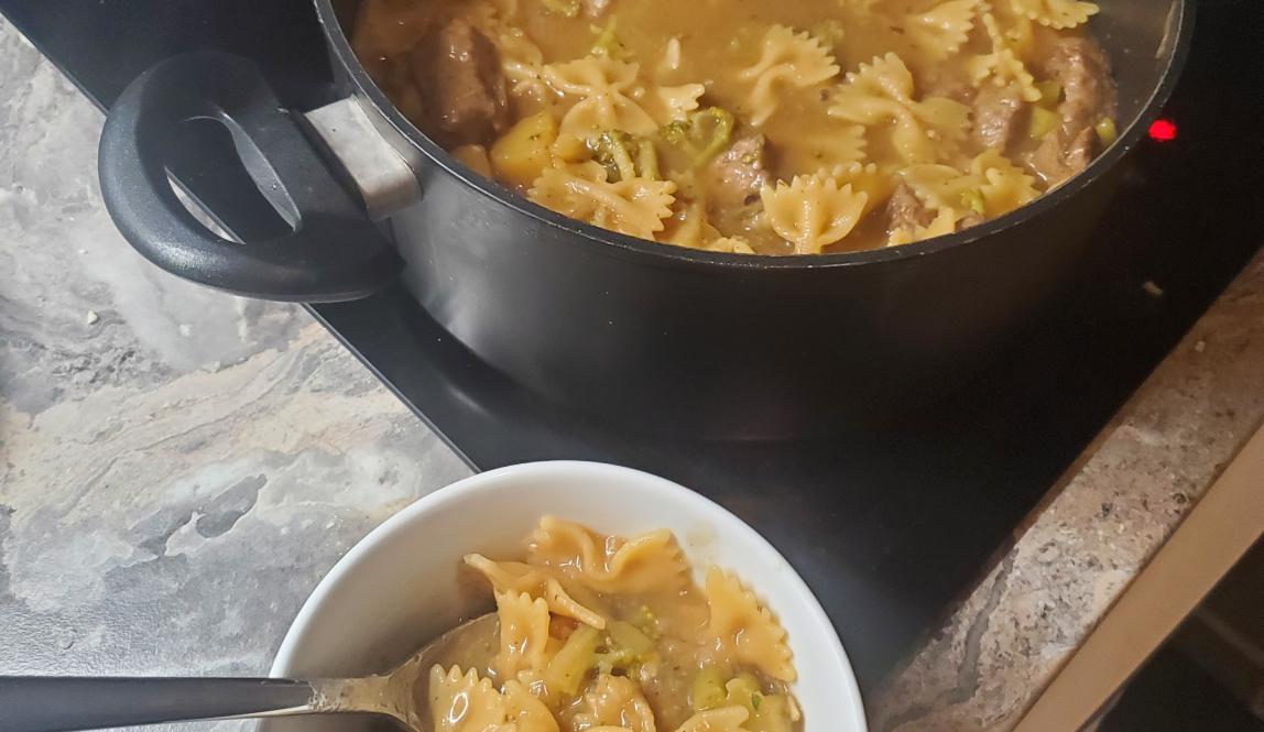 A bowl and pot of stew beside each other. They had two whole steaks inside and plenty of veggies and farfalle pasta. Unfortunately, too much flour was added so it congealed. :(
