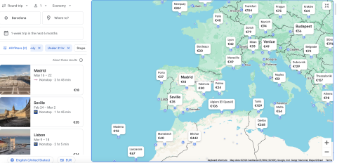 A screenshot of how the location feature on Google Flights