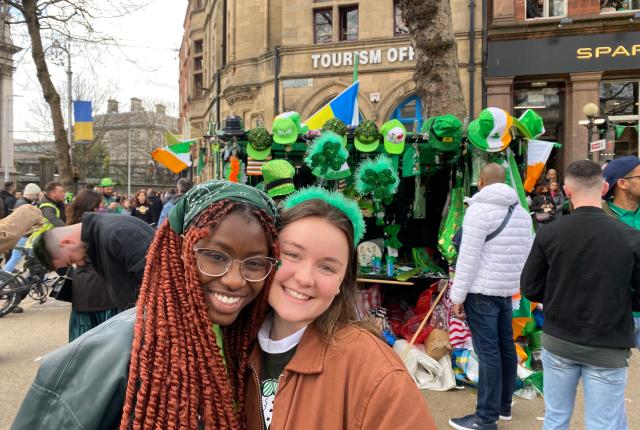 two students celebrating St. Patrick's Day in Dublin