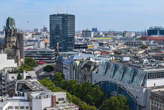 The view of the cityscape from Kurfürstendamm avenue in Berlin.