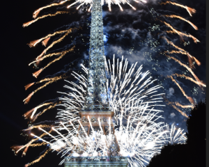 Fireworks at night by the Eiffel Tower