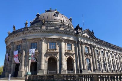 Berlin's Bode Museum on a sunny day with blue skies. 