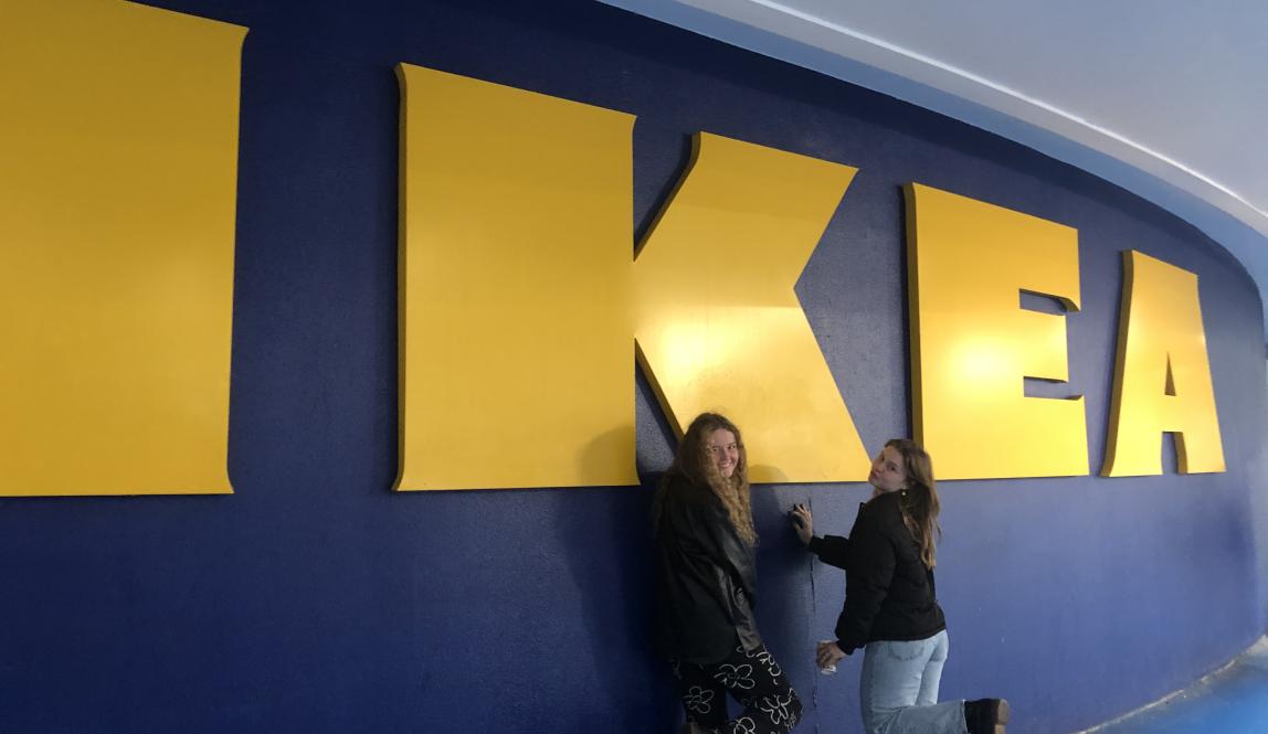 A picture of my friends in front of the Nantes Ikea sign