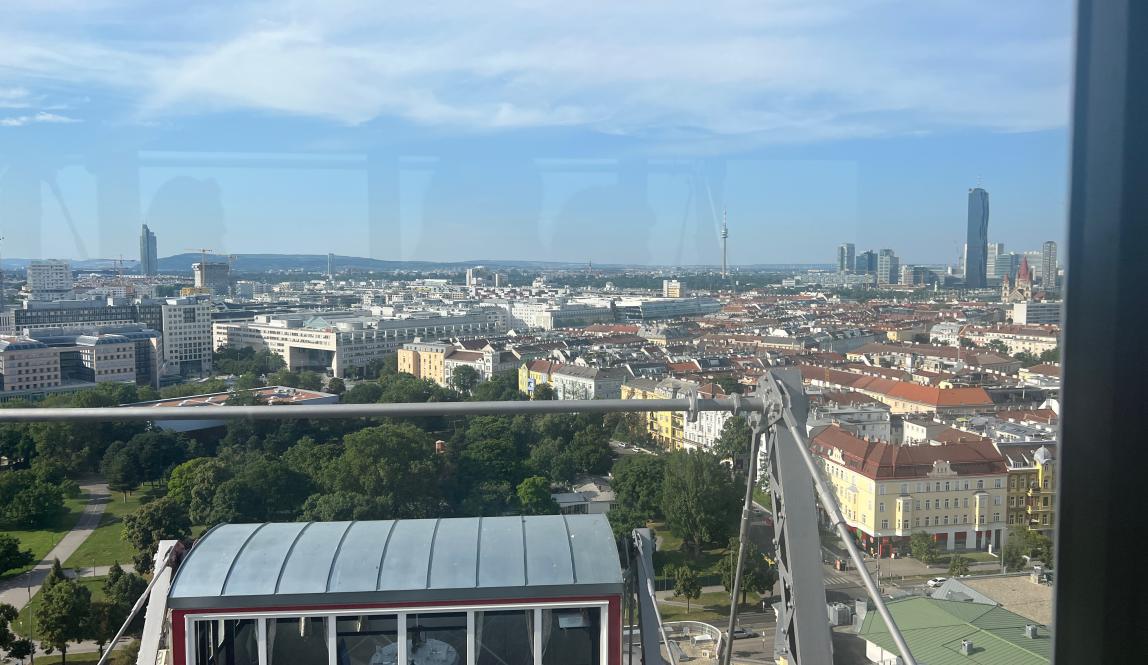 This is an image of the buildings of Vienna from the top of the ferris wheel in Prater.