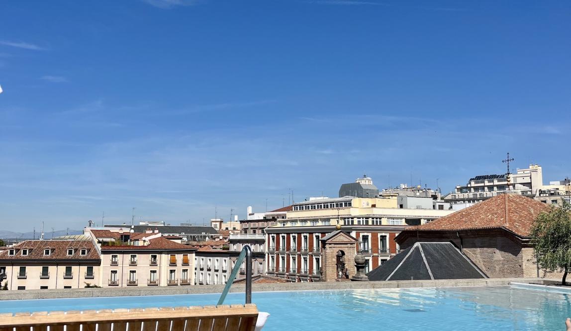 View from rooftop pool overlooking city of Madrid 