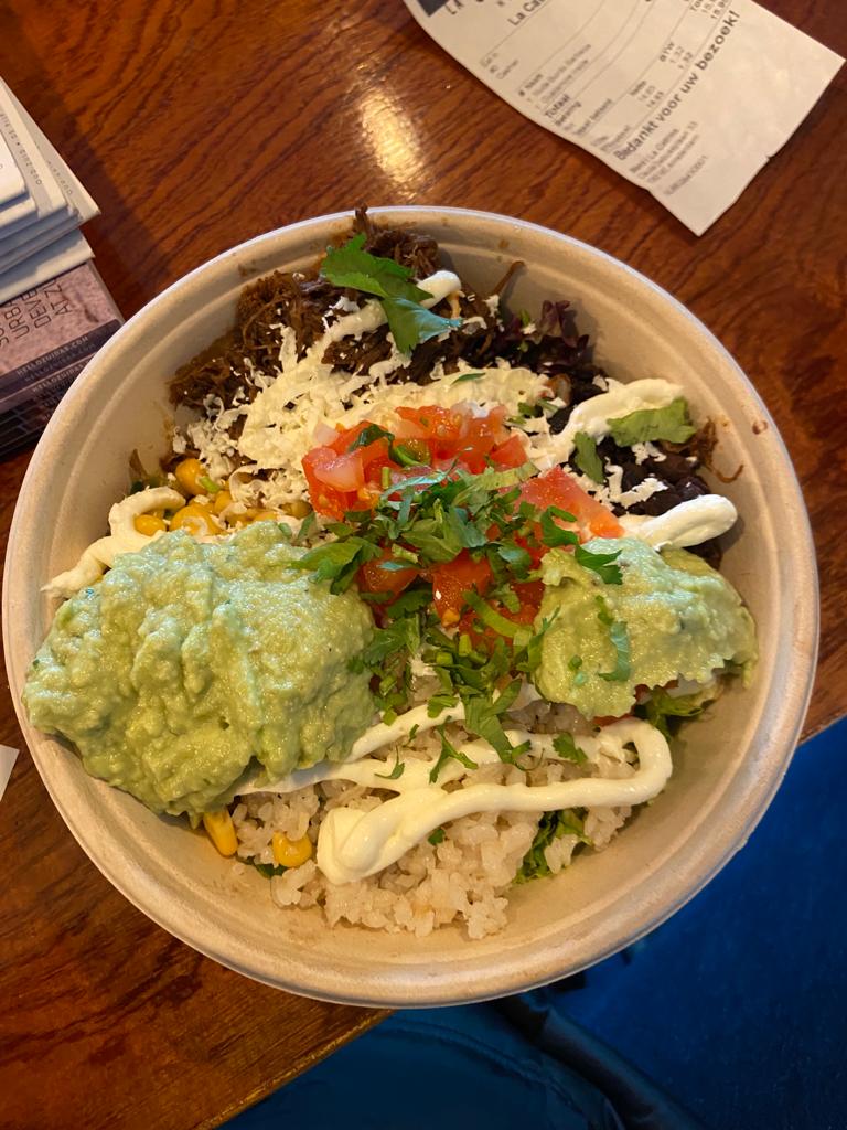 burrito bowl with rice, salsa, guacamole, meat, and yogurt tzatziki dressing