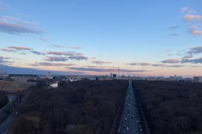 The skyline of Berlin, including the Brandenburg Gate and TV Tower, as seen from the top of the Victory Column.