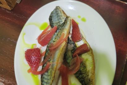 Shown is the fish of the week pincho from Borda Berri covered in pickled strawberries