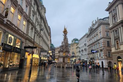 Shown is a street in Vienna glowing in the rain