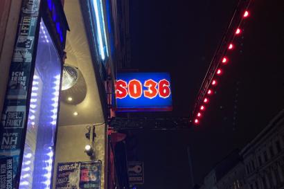 The outside of the SO36 venue, with a lit up sign.