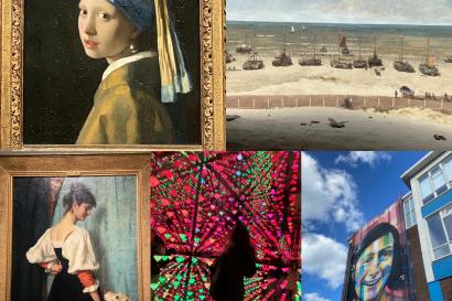 Photos of Girl with the Pearl Earring, Panorama of Scheveningen, Woman with Dog Puck, Let me be myself (Anne Frank), and me at the MOCO Museums