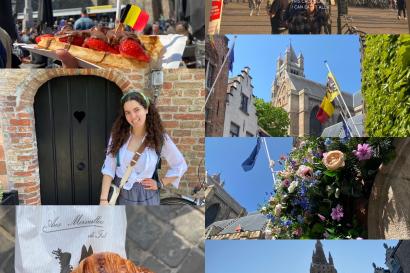Pictures of waffles, castles, churches, croissants, flowers, and Rachel standing in front of a door with a heart cut out