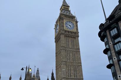 The London landmark Big Ben in overcast weather. 