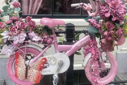 A bink decorated bike in front of a window in Amsterdam