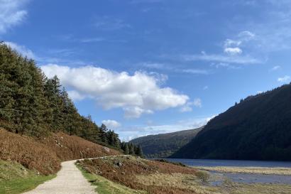 A view of a walking path in Glendalough, County Wicklow. There is a gravel path receding from the bottom left, trees on mountains coming from either side, and a lake on the bottom right.