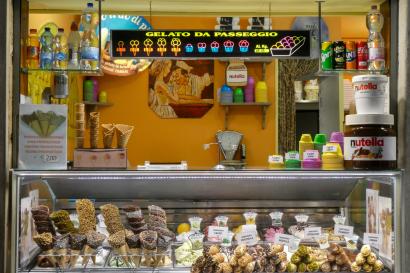 Wide selection of gelato in a store