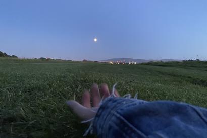 A hand lies palm-up on the grass of phoenix park, with the moon in view directly above it. The hand is sticking out from a blue jean jacket sleeve, and the sky is getting deeper blue as night is falling