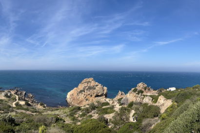 A panorama view of the point where the Atlantic Ocean meets the Strait of Gibraltar 