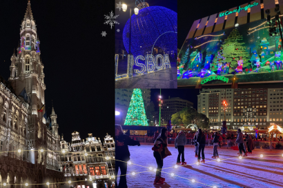 A collage of images depicting Christmas Markets in Spain, Belgium, and France