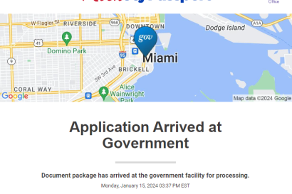 A screenshot of an email from RushMyPassport, telling me that my application for a new passport has arrived at a government facility to be reviewed.