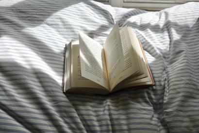 Open book on blue and white striped bedspread. Patch of sunlight beneath window. 