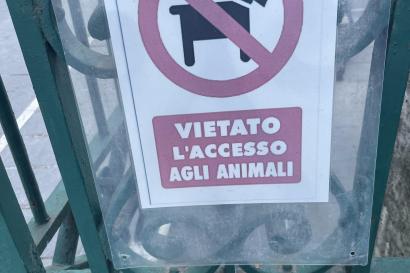 An image of a street sign spotted in Rome. The sign features a silhouette of a dog inside a red circle with a line through it. The text on the sign reads "vietato l'accesso agli animali" (animals are forbidden).
