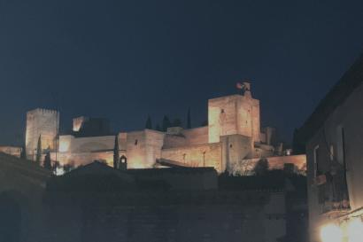 A photo of the Alhambra illuminated with white lights