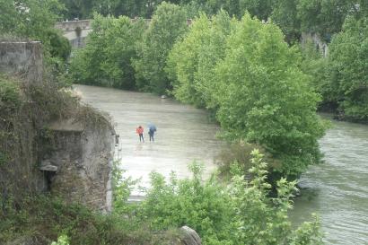 View of the river Tiber in Rome in the rain