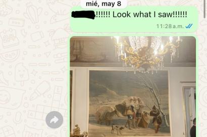 A screenshot of a WhatsApp message with the text "Look what I saw!!!!" and a photo of a tapestry with an image of three girls in a snowstorm.