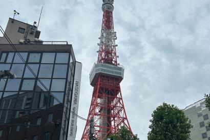 A great red and white tower standing above the Shiba-koen district of Tokyo, Japan. 