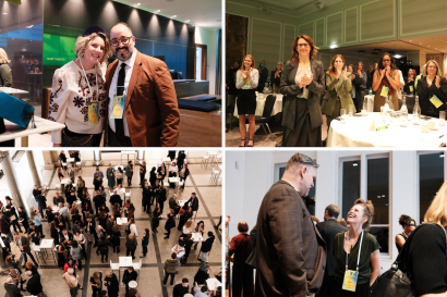 A collage of photos showing people at a conference