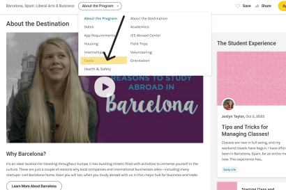 A screenshot of the Barcelona program page and how to view the program costs