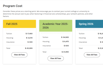 A screenshot showing the program costs under Barcelona on the IES Abroad website
