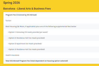 A screenshot showing a list of program fees for Barcelona Spring 2026