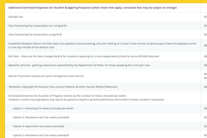 A screenshot showing a list of additional fees for the Barcelona program