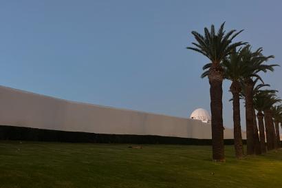 A white wall separates the twilight sky from the green grass in Rabat. The lighting is very dim, and the photo is simple: two palm trees dot the grass, and a white building connected to the wall peeks out at the right edge of the photo.