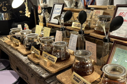 An assortment of teas and coffees on a wooden table in a cafe in Ikebukuro