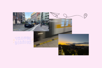 Three picture collage: the first is of a tram in Milan, second is of the metro, and third is is sunset picture looking at traffic and a tram track.