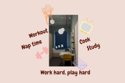 A picture of my Milan apartment with words around and small icons representing daily life.