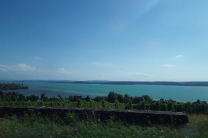 The aquamarine waters of Lake Constance are visible over a hill