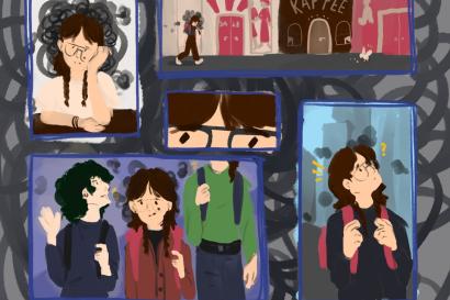 A one-page comic, depicting a character with clouded thoughts that lift around friends and beautiful architecture.