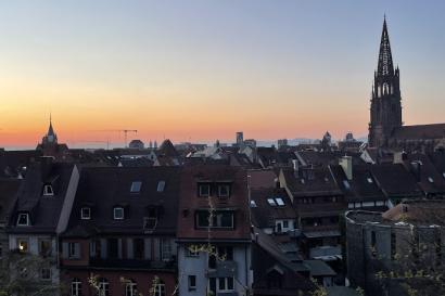Sunset over the city of Freiburg, picture taken from a high angle